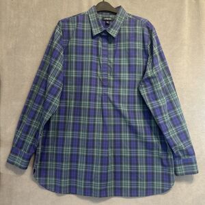 Lands End No Iron Supima Popover Shirt Size 18T‎ Tall Green Blue Plaid Academia